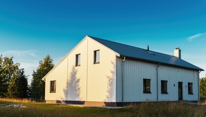 Obraz premium Modern white house exterior with sunny facade and tree shadows, blue sky