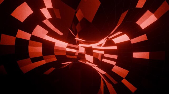 Red side tunnel portal animation with sweeping panels and twisting depth perspective on black