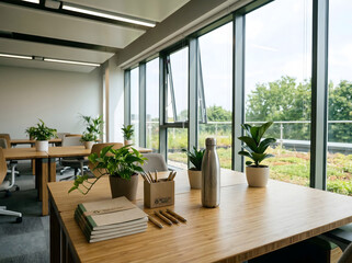 Fototapeta premium Green office space with wooden desks and potted plants near large windows
