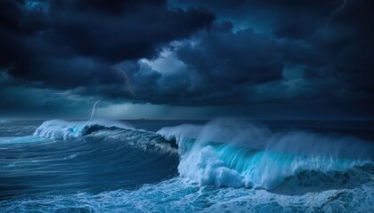 Powerful ocean wave crashing with lightning strikes in stormy dark sea