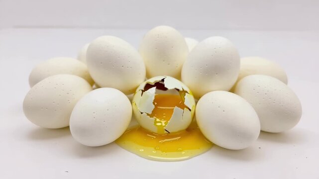 White eggs form a neat circle around a cracked one, its golden yolk spilling across a glossy surface; clean, bright lighting and a seamless white background emphasize texture and contrast.