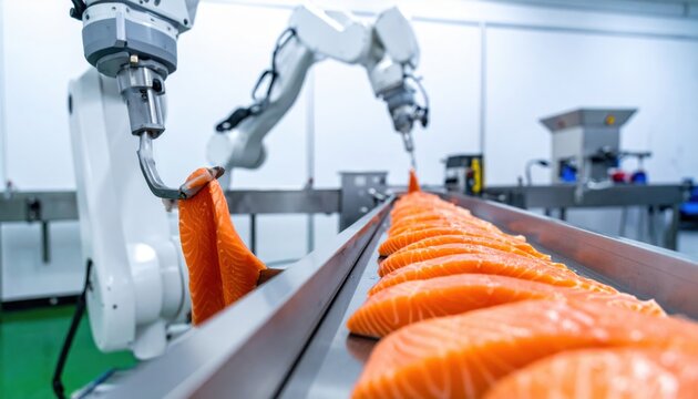 Automated robotic arms precisely portioning fresh salmon fillets on a food processing line, highlighting modern efficiency.