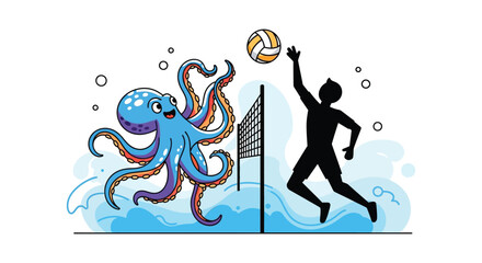 A vibrant illustration depicts a volleyball game with an octopus spectator featuring a dynamic black silhouette high quality professional detailed modern © rabbivay