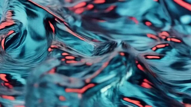 Shimmering teal liquid ripples under neon coral highlights, glossy folds and eddies forming slow motion waves that glide across the frame, creating a hypnotic, futuristic abstract texture.