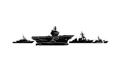 Fototapeta premium Silhouette of a naval fleet including an aircraft carrier at sea