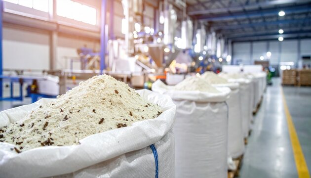 Bulk sacks of cultured insect larvae flour, a high-protein ingredient in industrial processing