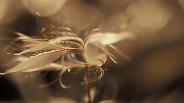 Soft-focus macro shows a feathery seed head bathed in warm sepia light. Delicate filaments curl and flutter as creamy bokeh rolls behind, shaping a tranquil, poetic mood in nature.