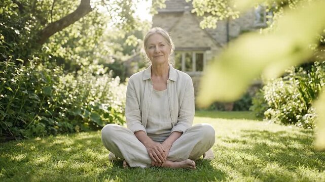 Serene Woman Meditate in Sunny Garden at Home Amidst Green Plants
