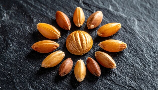 Close up of diverse golden wheat grains and a central kernel arranged in a radial pattern on dark slate