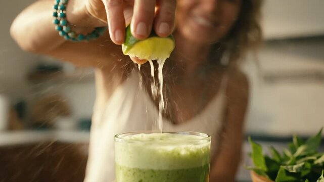 Woman Enjoy Green Smoothie in Kitchen - Healthy Lifestyle and Nutrition