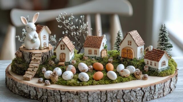 Miniature easter village with rabbit and decorative eggs on wood base. Easter, Pascha, Paskha, Ostern, Pascua, Paques - Orthodox and Catholic Holiday celebration