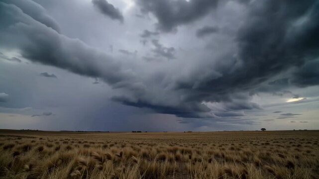 Brooding thunderclouds sweep over a vast prairie of golden grass, rain shafts trailing from the core on the horizon. Wind ripples the field as a faint band of light emerges along the edge.