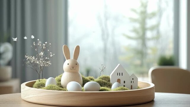 Wooden bunny figurine with eggs and mini houses on moss in tranquil room. Easter, Pascha, Paskha, Ostern, Pascua, Paques - Orthodox and Catholic Holiday celebration
