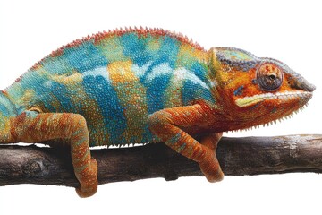 Obraz premium Colorful chameleon perched on branch against white background