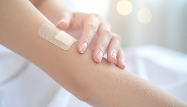 Close up of a person's hand gently applying a medical patch to their arm for treatment and care