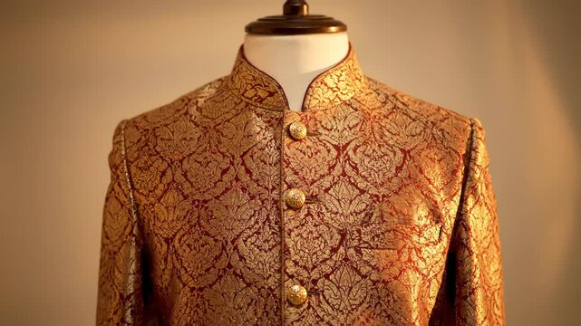 A plain white garment transforms into a richly patterned jacket. Intricate gold and red brocade details emerge on the traditional attire.
