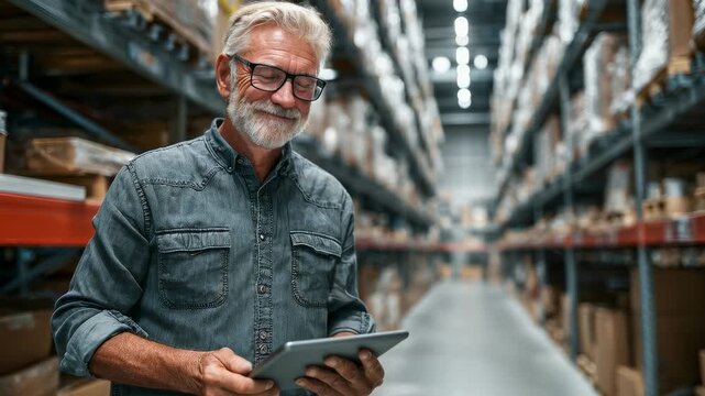 Senior warehouse manager using tablet. Mature man checks inventory. Efficient logistics work, data analysis. Accurate tracking system. Modern workplace solution. Warehouse supply chain concept.