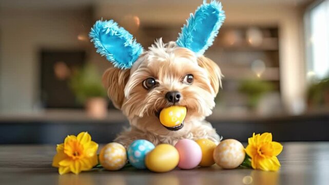 Adorable dog with fluffy blue bunny ears and easter eggs among yellow daffodils. Easter, Pascha, Paskha, Ostern, Pascua, Paques - Orthodox and Catholic Holiday celebration