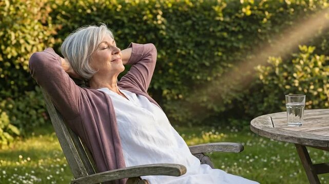 Relaxed Senior Woman Enjoy Sunrays in Garden Chair - Tranquil Outdoor Leisure at Sunset