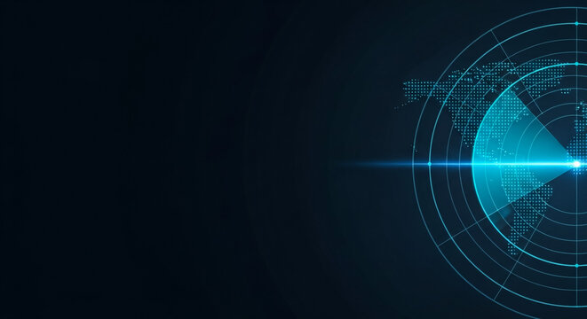 Digital Radar Screen Interface with World Map Dots and Scanning Light Beam for Global Surveillance