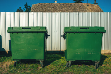 Two large green wheeled garbage containers (dumpsters) side by side on grass, lids slightly ajar, positioned in front of a tall silver corrugated metal fence