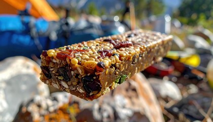 Nutrient Dense Insect Based Protein Bar with Visible Wholesome Ingredients Outdoor Setting