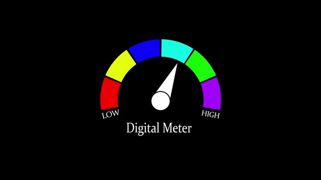 Digital Meter with Moving Needle Animation, Speedometer Gauge from Low to High, Colorful Performance Indicator, Business Credit Score Dashboard, Energy Efficiency Scale, Vector Infographic Design.