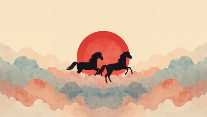 Naklejka premium 二頭の馬が雲の上を駆ける赤い太陽の水彩ファンタジー背景素材