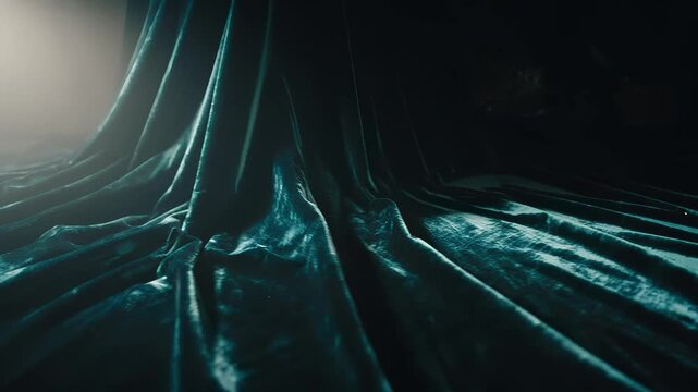 Moody light grazes dark teal velvet as it cascades and pools across the floor, deep folds catching glossy highlights while shadows recede into a dim backdrop, evoking quiet, dramatic texture.