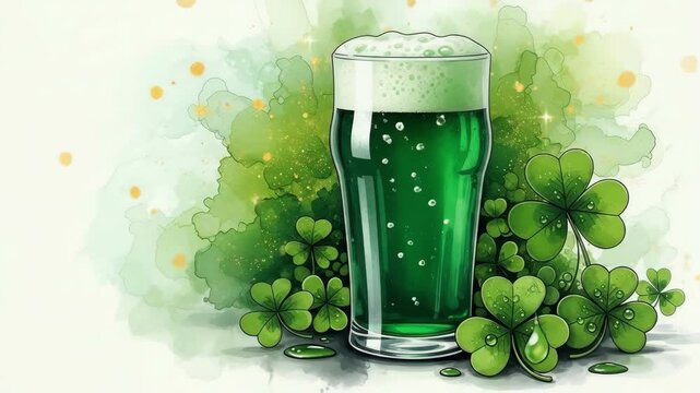 Glass of green beer with shamrocks and gold glitter. Saint Patrick Day celebration and traditional Irish holiday. Festive beverage on watercolor background for greeting card.