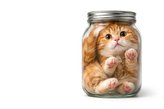 A ginger cat sits inside a glass jar. Space for text.