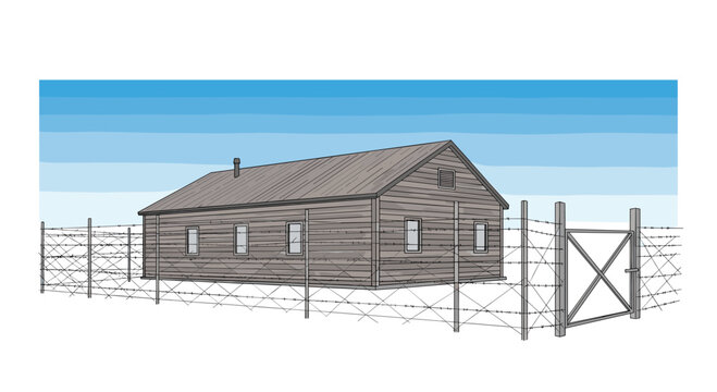 A solitary weathered wooden barracks building with a corrugated metal roof is securely enclosed by a barbed wire fence and a wooden gate under a clear sky.