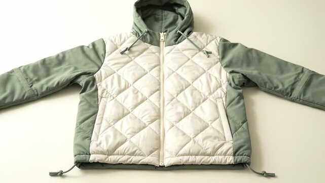 A stylish two-tone quilted jacket is displayed on a clean white surface. The cozy outerwear features a zipper, hood, and diamond pattern.