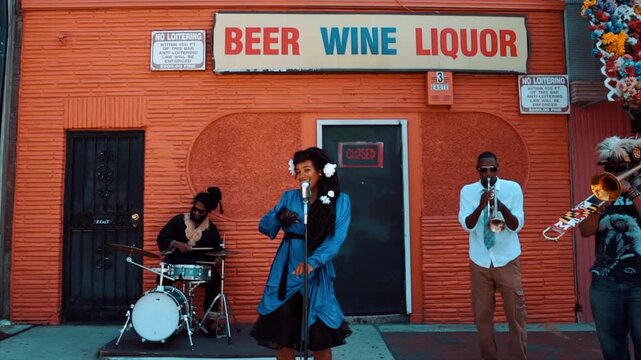 Lively musical band with a female singer performing jazz music on an urban sidewalk