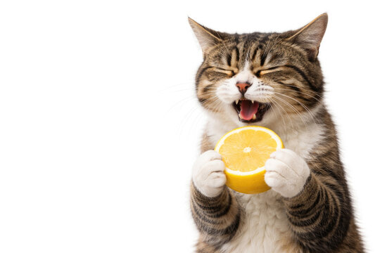 The cat holds half a lemon and winces from the sour taste. Space for text.