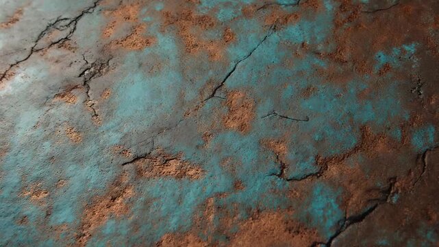 A close-up of weathered metal shows turquoise patina and rusty brown patches, with fine cracks and rough texture catching soft light; the mottled surface feels aged, industrial, and tactile.