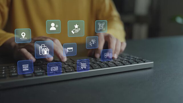 Customer loyalty program management concept. Person typing keyboard with reward points and membership icons, customer engagement, brand loyalty and retention strategy.