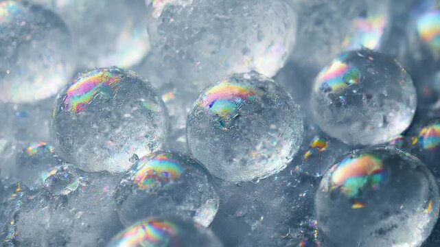 Translucent spheres cluster in a cool macro view, their wet surfaces catching soft light and faint rainbow refractions. Frosty textures and gentle bokeh suggest chilled, glasslike hydrogel beads.