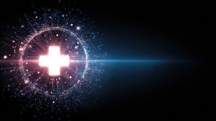 Fototapeta premium Background Design Featuring a Medical Cross Icon With Glowing Effects in a Biotech Theme