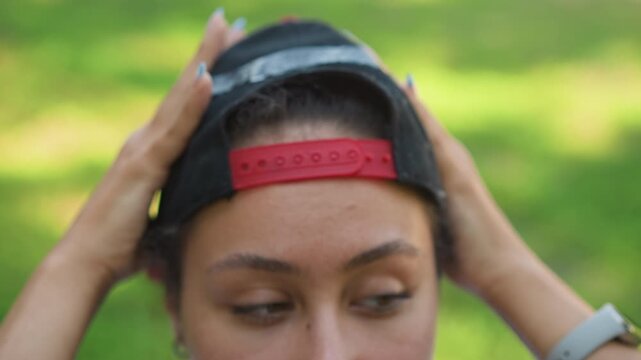 Youthful woman preparing, Young lady adjusting hat carefully, Female individual positioning cap outdoors amidst sunlight, Woman in park finetuning her baseball cap with focus and gentle sunlight