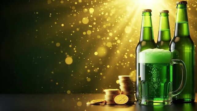 Green beer glass and bottles of beer with gold coins. St. Patricks Day celebration. Luck and prosperity concept for holiday greeting card.