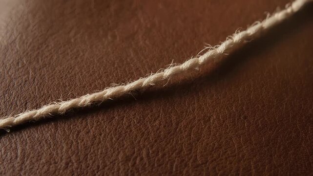A coarse beige twine stretches diagonally across a brown, textured leather surface in soft, shallow focus, revealing fuzzy fibers and subtle grain under warm, diffused light.