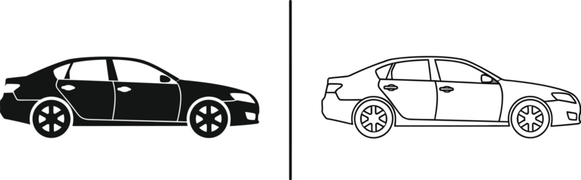 Car silhouette vs line art isolated on transparent background, Vector