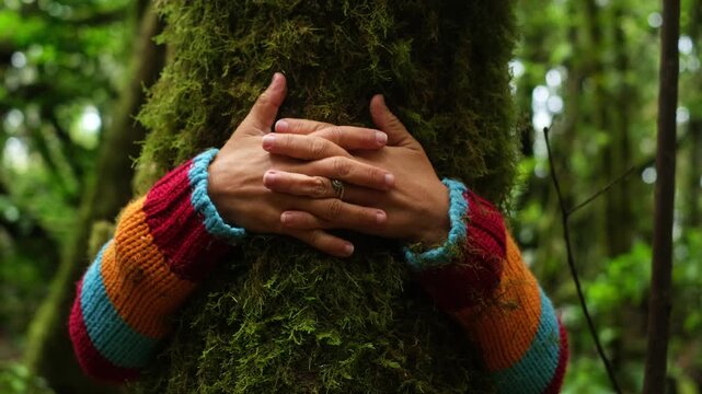 Couple hugging moss-covered tree trunk in lush forest, hands touching. Bio wellness holiday concept highlighting mindfulness, wellbeing, nature therapy, and immersive green experiences for people seek