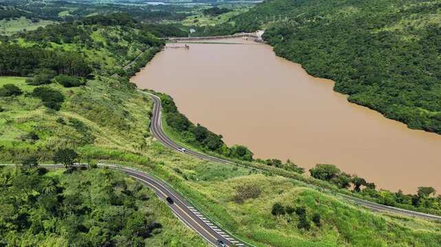 Euclides Da Cunha Reservoir In Sao Jose Do Rio Pardo Sao Paulo Brazil. Drone Capturing The Hydroelectric Producing Clean Energy. Rural Background Outdoor Farming Beauty. Rural Background Forest.