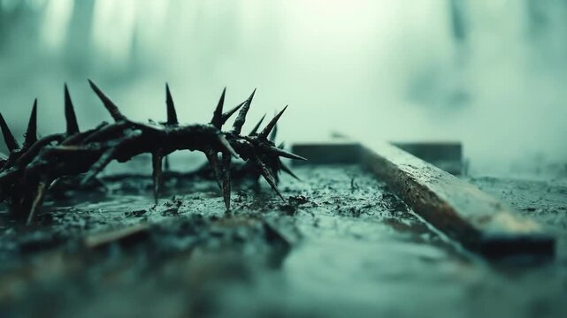 Crown of thorns and wooden cross on misty forest floor symbolizing faith and sacrifice. Easter, Pascha, Paskha, Ostern, Pascua, Paques - Orthodox and Catholic Holiday celebration