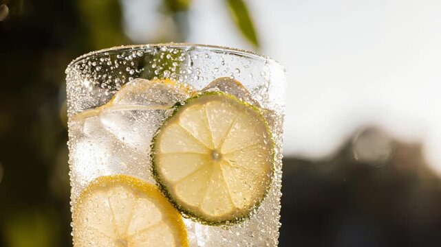 A chilled sparkling drink in a clear glass holds thin lemon slices and ice, bubbles streaming upward as sunlight glows through, with soft garden bokeh suggesting a warm outdoor afternoon.