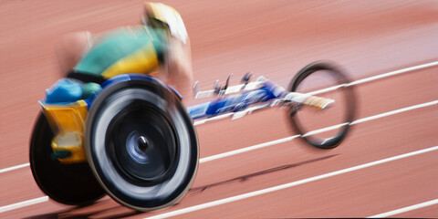Wheelchair racing athlete accelerating on stadium track. Speed, power, determination in paralympic athletics. Motion blur. Grain and texture of 35mm film scan. 