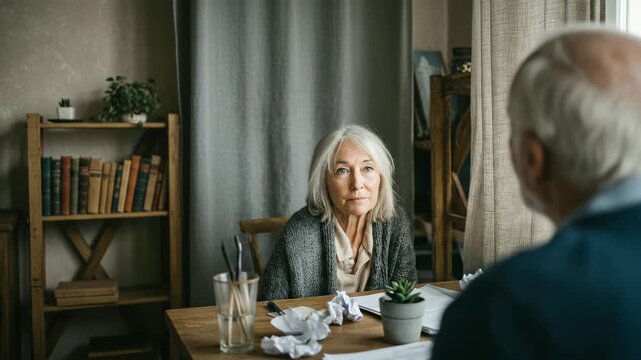 Worried senior woman at consultation. Elderly couple discussing documents, finances or healthcare. Thoughtful expression, serious conversation. Family support, aging, well-being. Support and care.