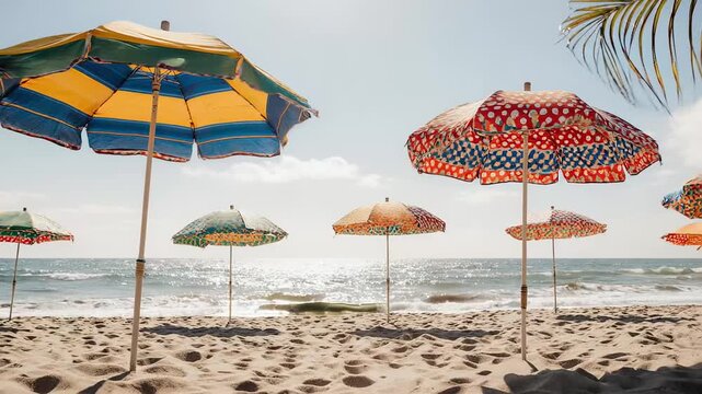Striped beach umbrellas cast soft shadows on pale sand as gentle waves sparkle under the bright midday sun, with a light breeze ruffling edges and a palm frond framing the tranquil shoreline.